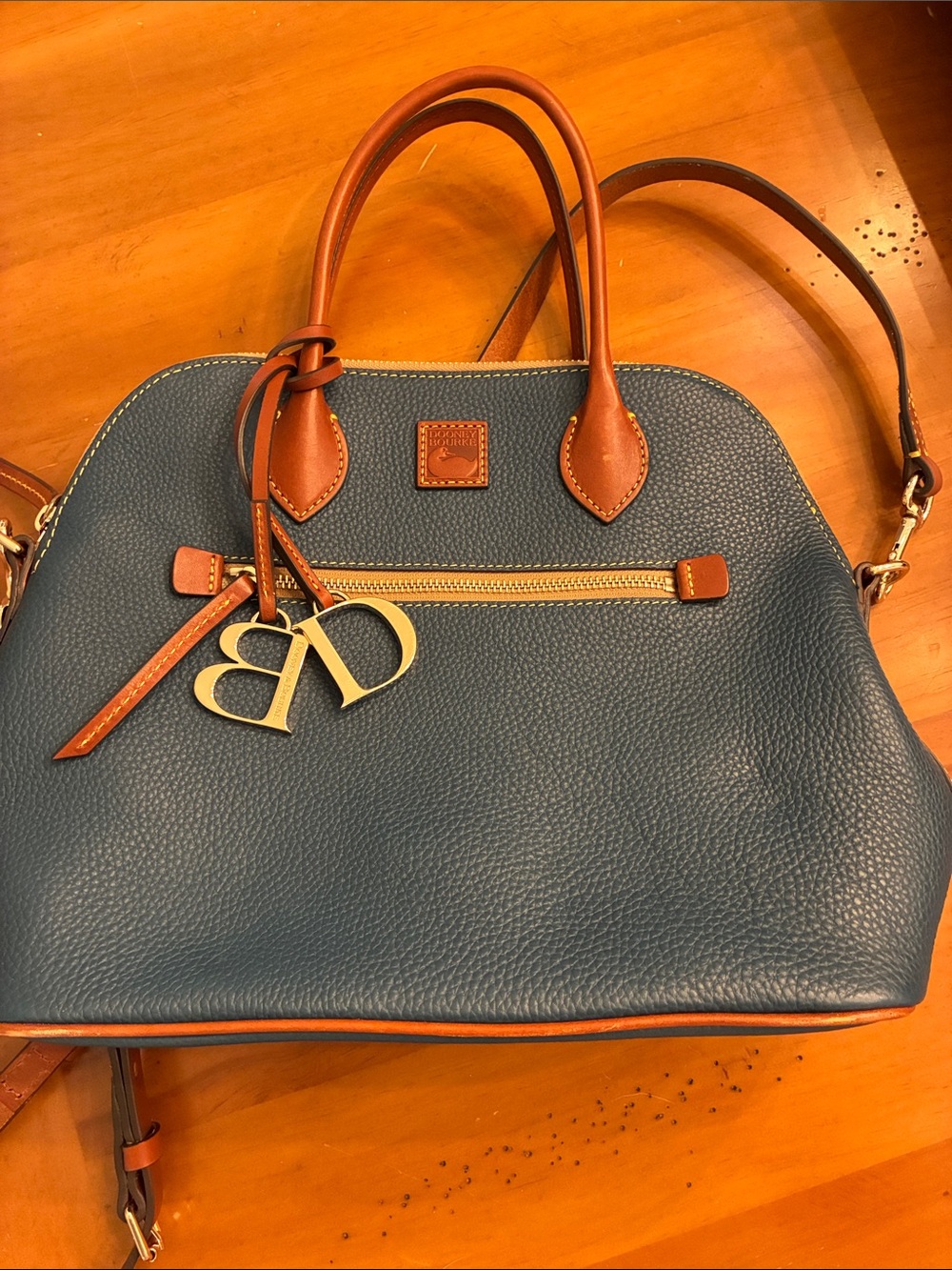 Dooney & Bourke Blue Leather Satchel with Brown Trim and Gold Hardware